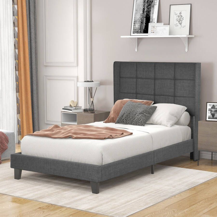 Sweiko modern design gestoffeerd bed met gestoffeerd hoofdeinde 90x200cm in grijs linnen medium stevig (zonder matras)