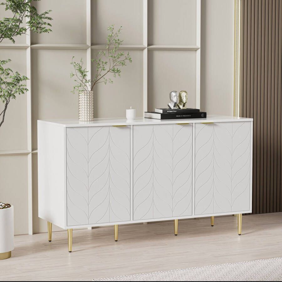 Sweiko Modern dressoir met vergulde poten en handvatten dressoir gelakt afgeronde hoeken voor slaapkamer woonkamer en badkamer bloemenpatroon 2 verdiepingen en 6 compartimenten 127B*45T*75H Wit