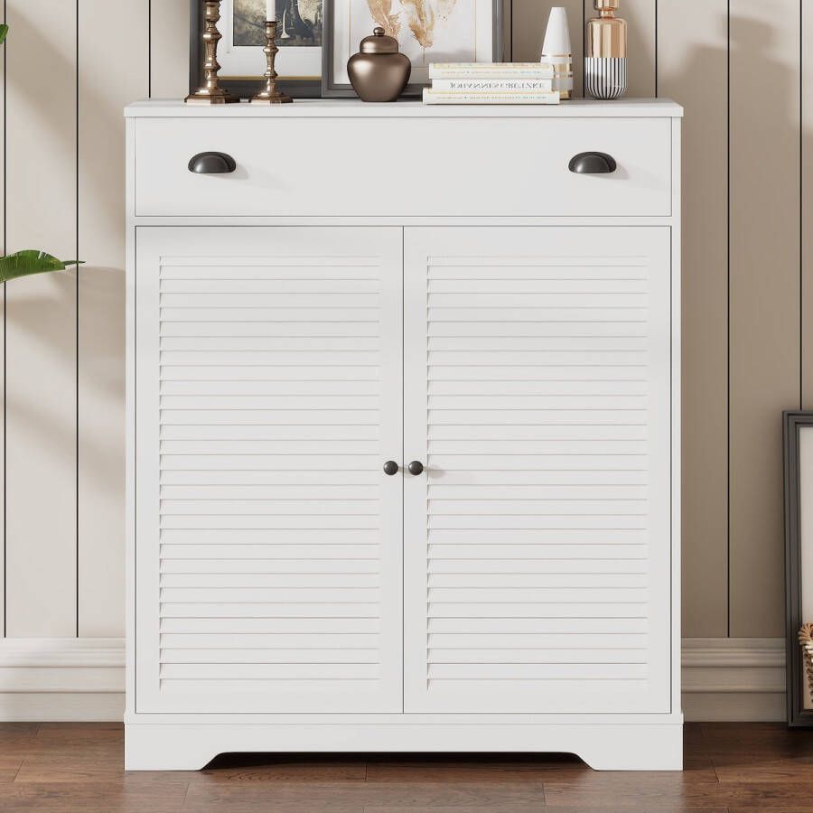 Sweiko Moderne dressoir houten kast met 2-deuren 1-lade en metalen handgrepen. Kommode met verstelbare planken ideaal voor gangen entrees woonkamer en slaapkamer. Wit:B93 H110 T36 cm