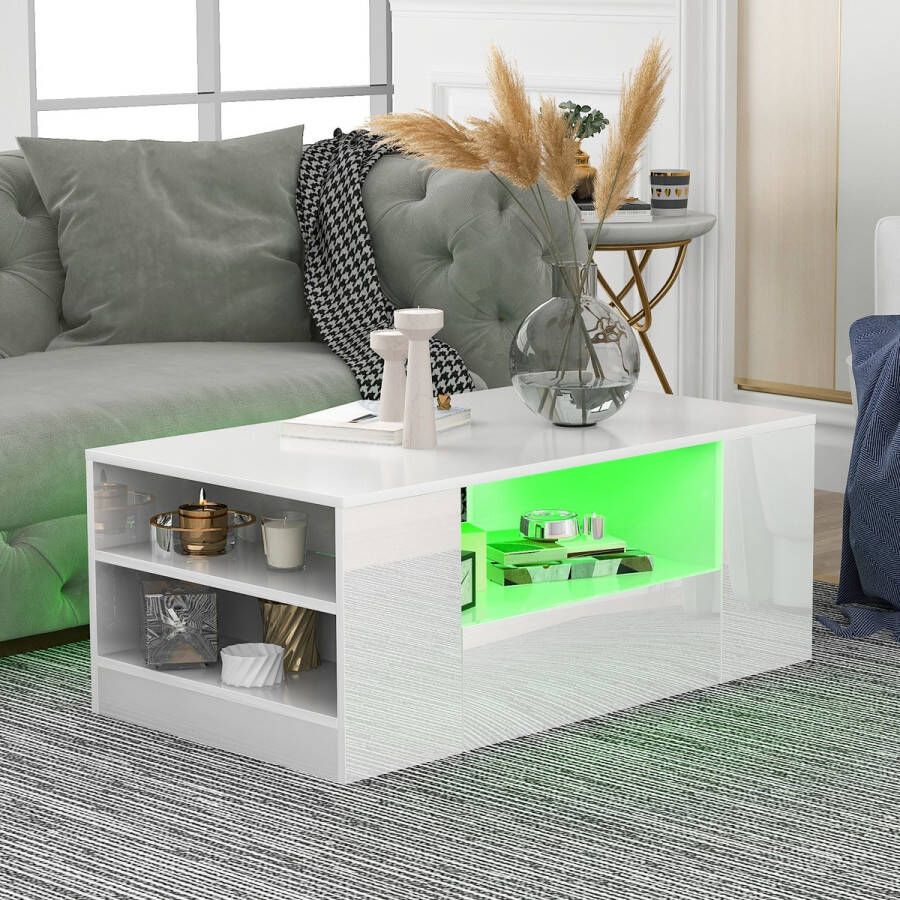 Sweiko Moderne LED salontafel hoogglans woonkamermeubilair 2-laden en 2-plank bank Salontafel bijzettafel (95 x 53 x 37cm)