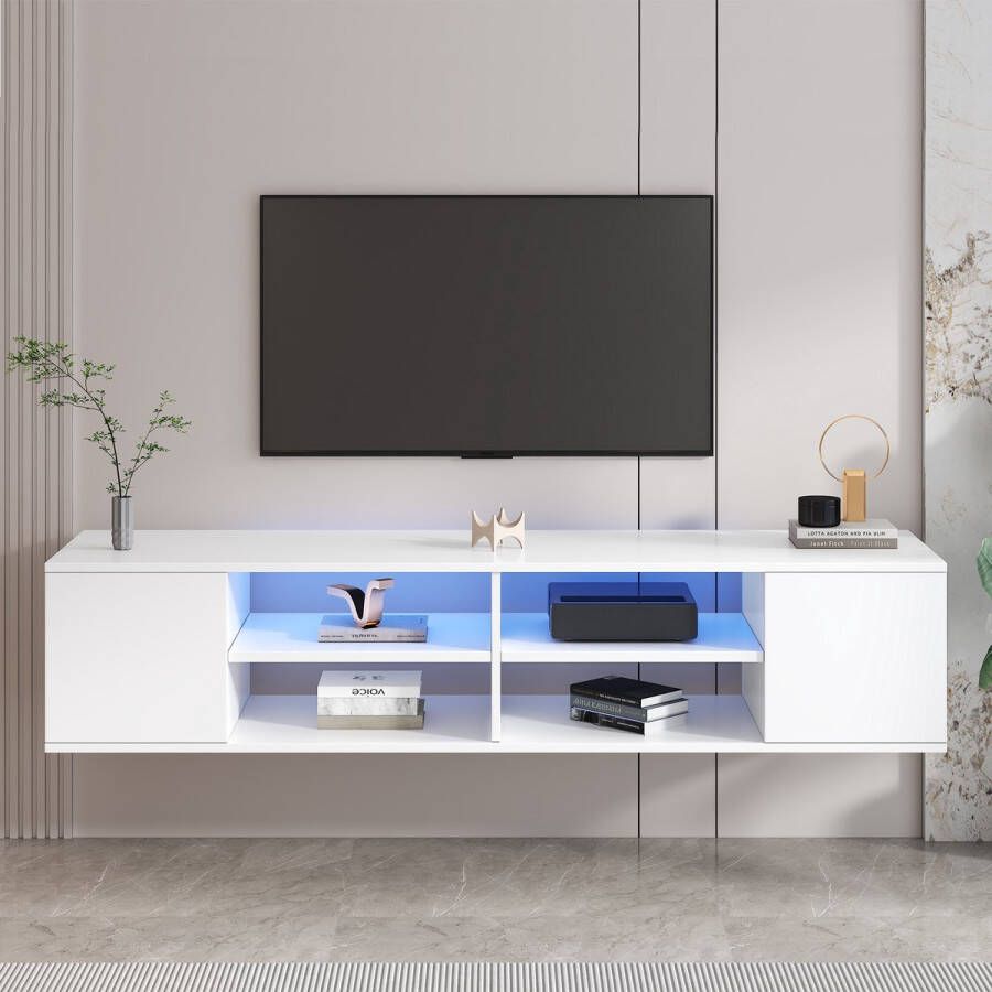 Sweiko Multifunctionele 140cm witte tv-kast met LED-verlichting verticale en hangende tv-voet die een stijlvolle opbergoplossing voor uw woonkamer biedt