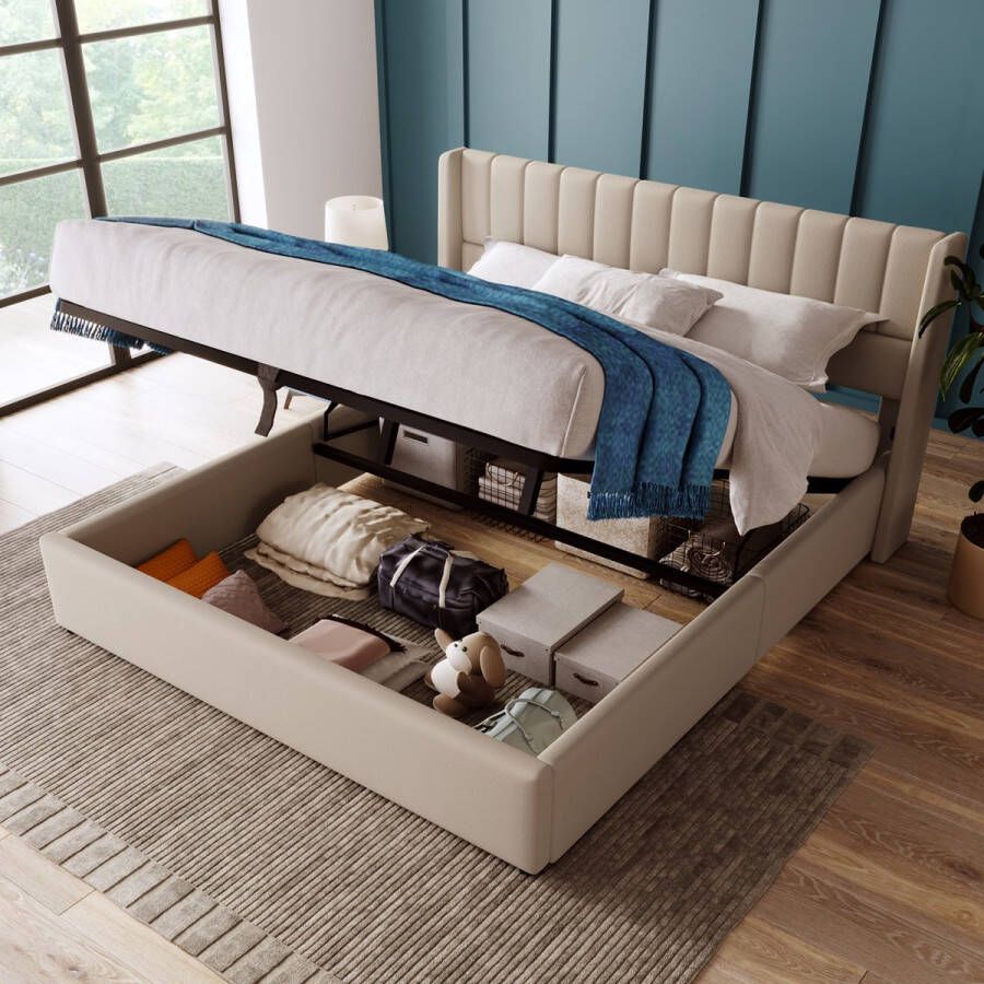 Sweiko Opslagbed Gestoffeerd bed Hydraulisch tweepersoonsbed 180x200cm houten lattenbod bed met metalen frame lattenbod linnen beige