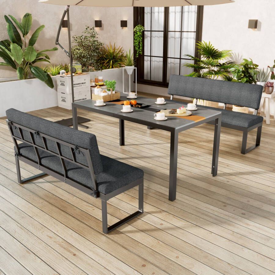 Sweiko Outdoor eettafel stoel cover set 6 stoelen grote capaciteit met afneembare en wasbare rugleuning en zitkussen kunststof tafel met houtnerf grijs