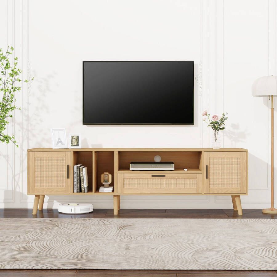 Sweiko Ruime 180-cm TV kast met rotan decoratie 2-deuren en een lade massief houten poten biedt ruimte voor een 80-inch TV opbergkast TV kast