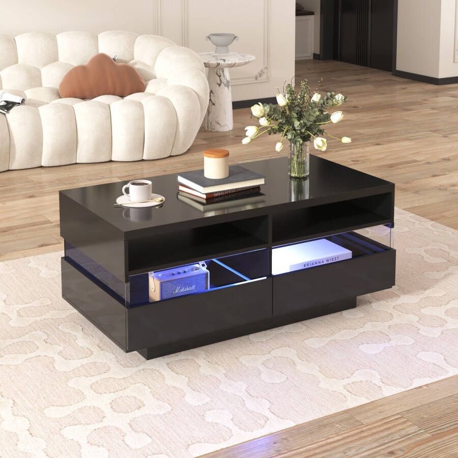 Sweiko Salontafel glanzende woonkamer tafel met twee compartimenten en twee lades reflecterend acryllicht uniek optisch effect