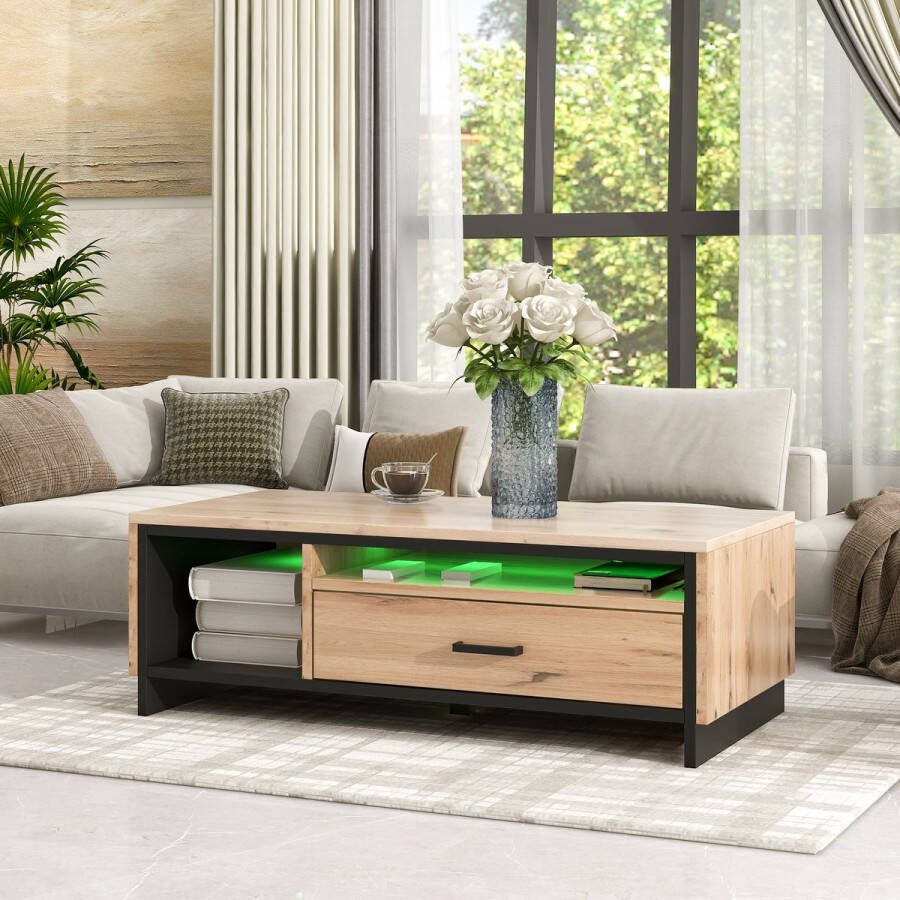 Sweiko Salontafel met LED verlichting incl. afstandsbediening Bijzettafel in houtlook met lade Woonkamertafel hout Log Style salontafel