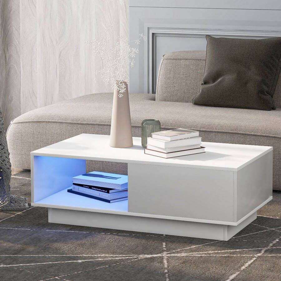 Sweiko Salontafel moderne hoogglans sofa tafel salontafel rechthoekige witte woonkamer tafel met LED licht 15 kleuren voor theetafel huishoudelijke decoratie (95 x 55 x 32 cm)