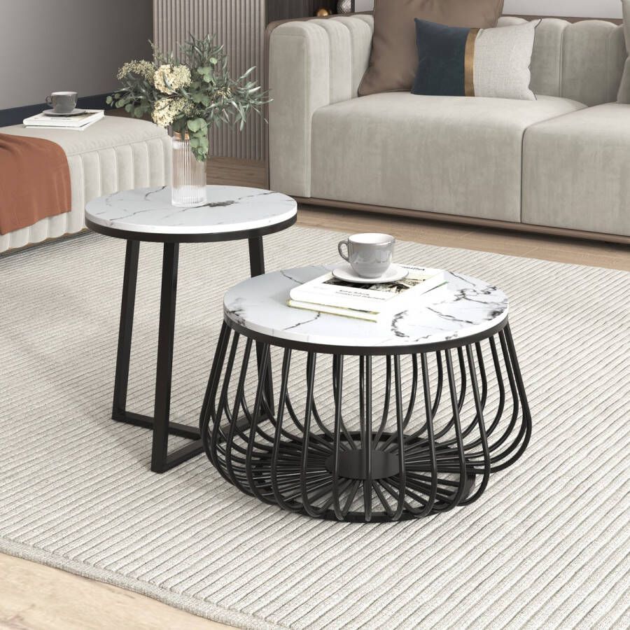 Sweiko Salontafel set ronde salontafel woonkamer tafel met marmeren structuur kan worden gebruikt als kattenbed