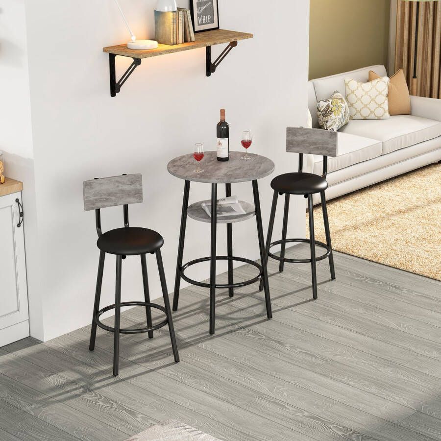 Sweiko Set bartafel en stoelen 1 bartafel en 2 barstoelen loungestoel met vier metalen poten eettafel met opbergruimte ronde eettafel grijs+zwart