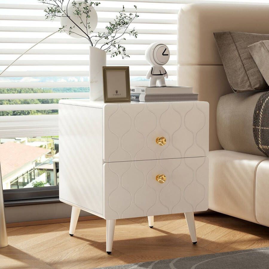 Sweiko Set van 2 Modern nachtkastje vergulde handgrepen golfpatroon met 2 lades gelakt hoeken met slagvast ontwerp 39.5 B*40 T*50 H cm Wit