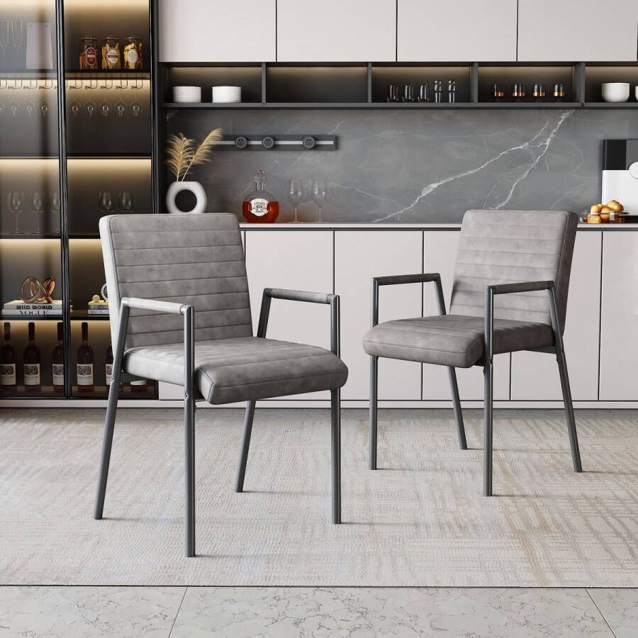 Sweiko Set van 2 Verticale gestreepte eetkamerstoel gestoffeerde stoel met metalen benen moderne lounge stoel slaapkamer woonkamer stoel fauteuil Grijs