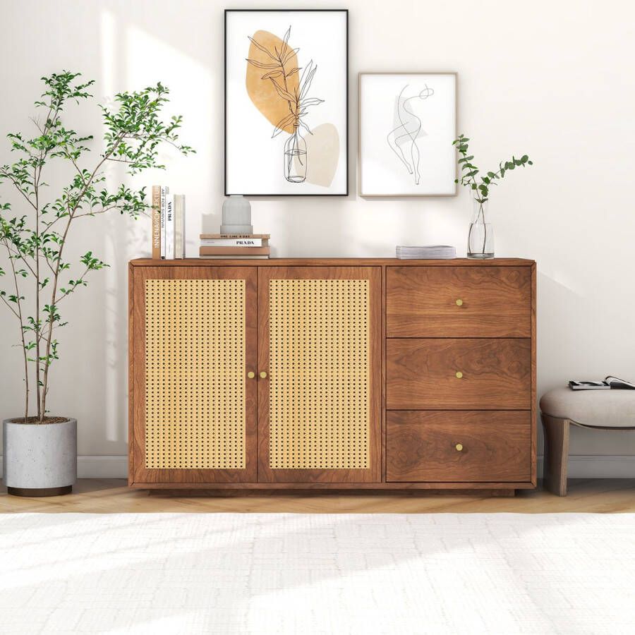 Sweiko Sideboard commode met 3-lades 2-deuren dressoir rotan kast moderne commode met metalen handvatten voor slaapkamers woonkamer kantoor