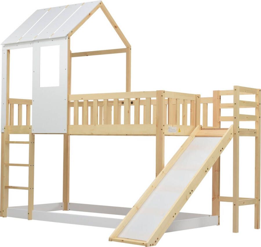 Sweiko Stapelbed met rechthoekige ladder en glijbaan huisbed met dak en raam kinderbedje met valbeveiliging en rooster frame van dennen Natuur&Wit(90x200cm)