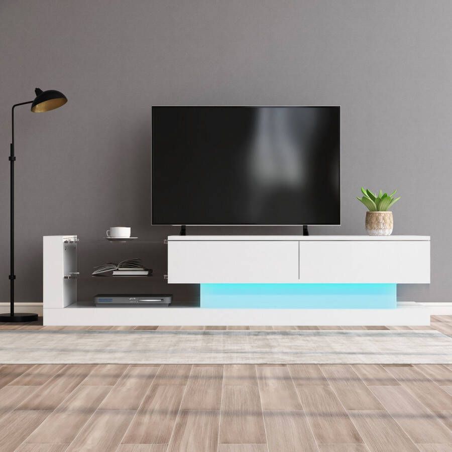 Sweiko Stijlvolle witte hoogglans TV kast 140cm lang 16-kleuren LED verlichting 60-inch tv oppervlak een meubel dat elegantie en functionaliteit combineert