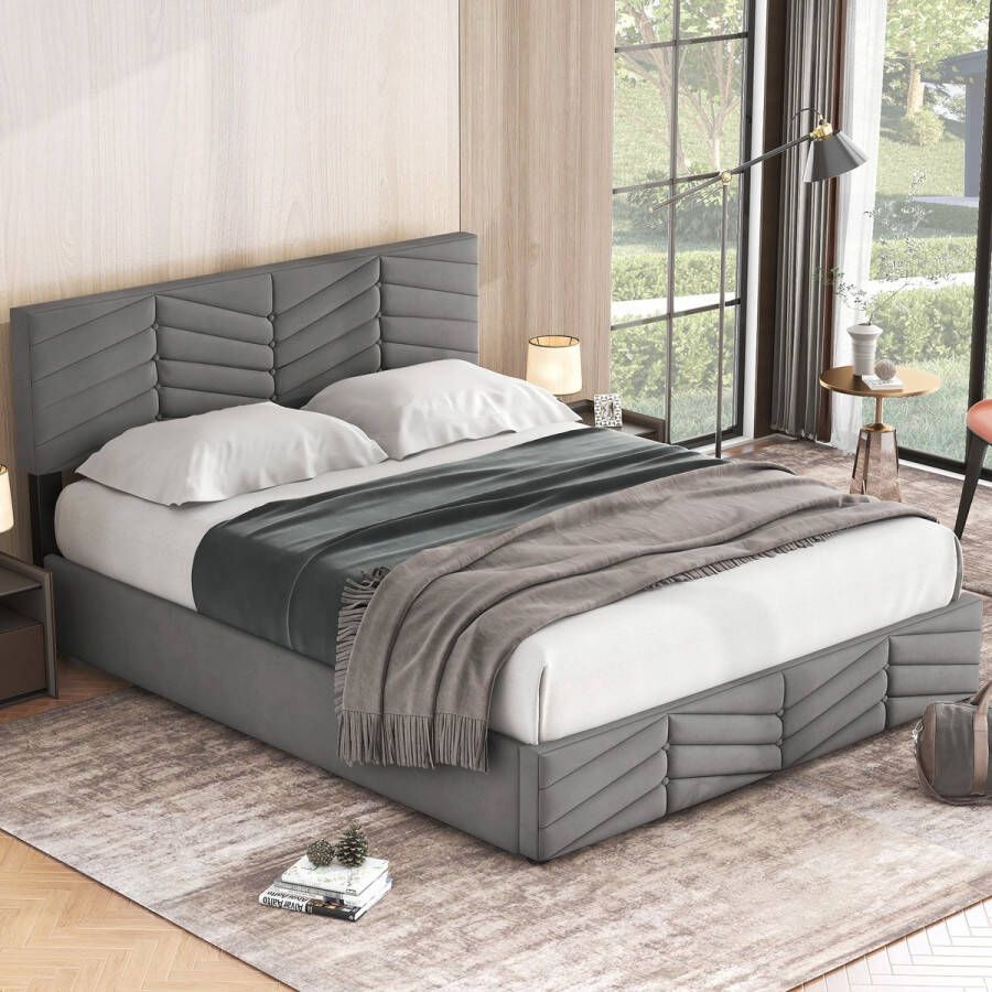 Sweiko Stoffering Bed Dubbel Bed Hydraulisch Functioneel Bed Fluweel Stripe Style Continental Bed Hoogte Verstelbaar Hoofdbord 140 x 190 Grijs