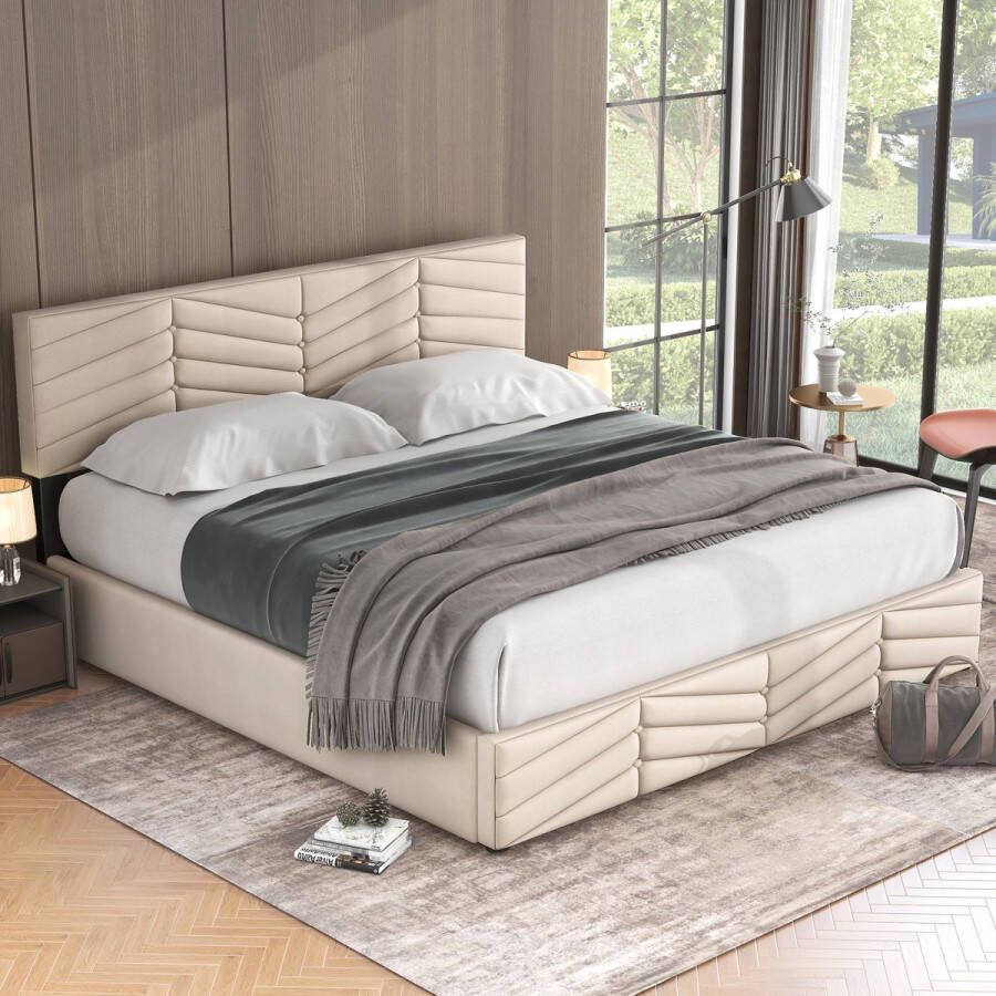 Sweiko Stoffering Bed Dubbel Bed Hydraulisch Functioneel Bed Fluweel Stripe Style Continental Bed Hoogte Verstelbaar Hoofdbord 180 x 200 Beige
