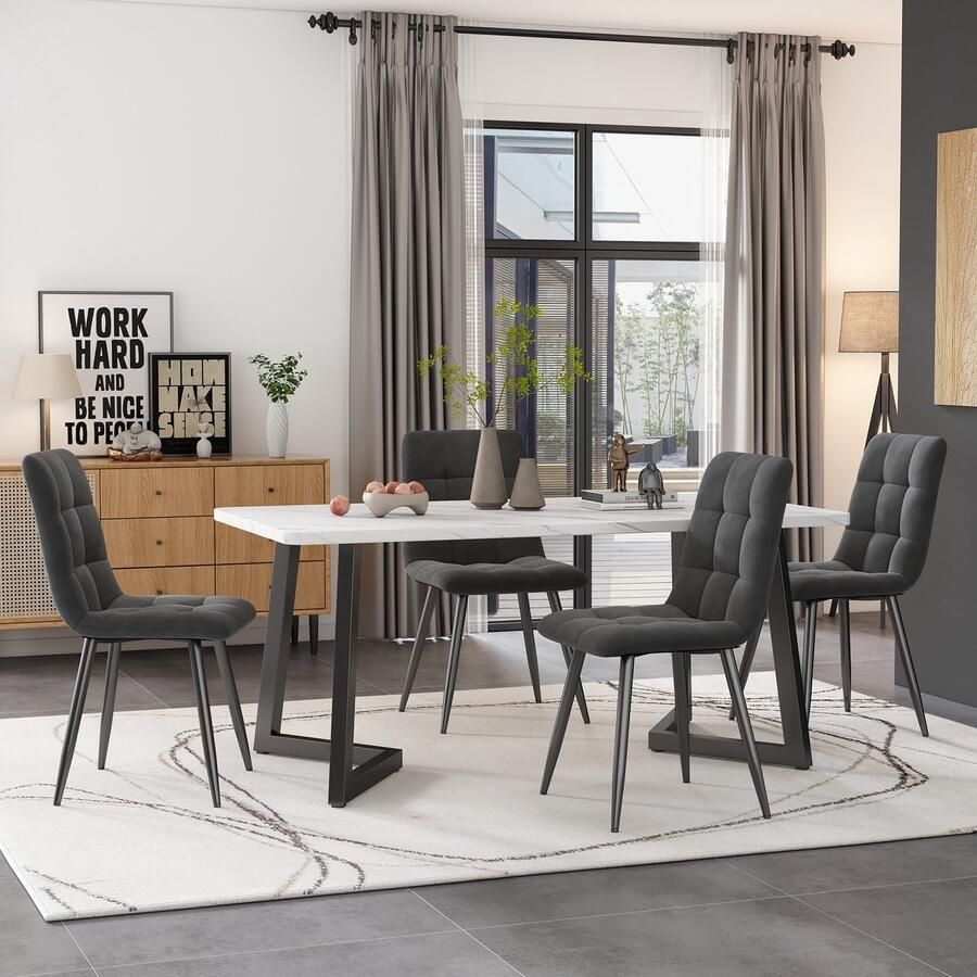 Sweiko 117cm Eettafel met 4-stoelen set rechthoekige eettafel moderne keuken tafel set eetkamer stoel donkergrijs fluweel keuken stoel zwarte tafelpoten