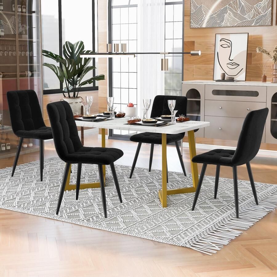 Sweiko 117cm Eettafel met 4-stoelen set rechthoekige eettafel moderne keuken tafel set eetkamer stoel zwart fluweel keuken stoel gouden tafel benen