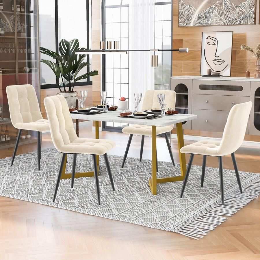 Sweiko 117cm Eettafel met 4-stoelen set rechthoekige eettafel moderne keuken tafel set eetkamer stoel Beige fluweel keuken stoel gouden tafel benen