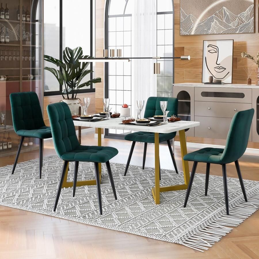 Sweiko 117cm Eettafel met 4-stoelen set rechthoekige eettafel moderne keuken tafel set eetkamer stoel donkergroene fluweel keuken stoel gouden tafelpoten