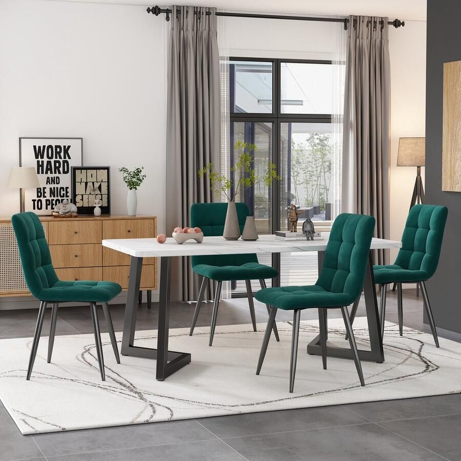 Sweiko 117cm Eettafel met 4-stoelen set rechthoekige eettafel moderne keuken tafel set eetkamer stoel donkergroene fluweel keuken stoel zwarte tafelpoten