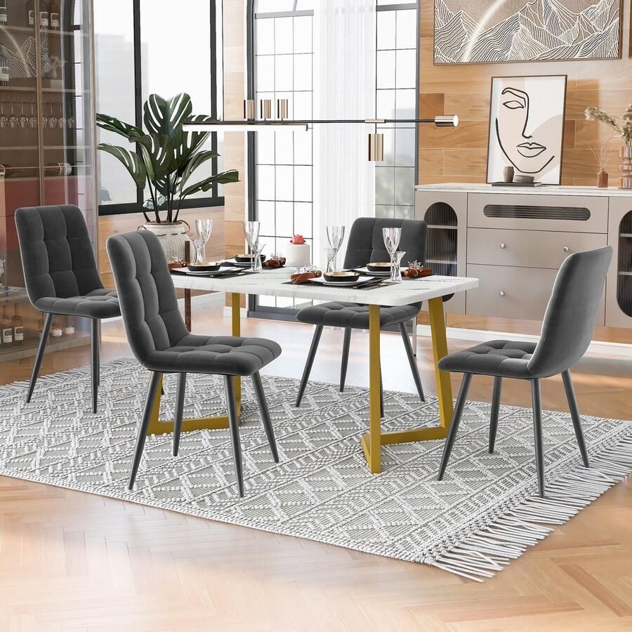 Sweiko 117cm Eettafel met 4-stoelen set rechthoekige eettafel moderne keuken tafel set eetkamer stoel donkergrijs fluweel keuken stoel gouden tafelpoten