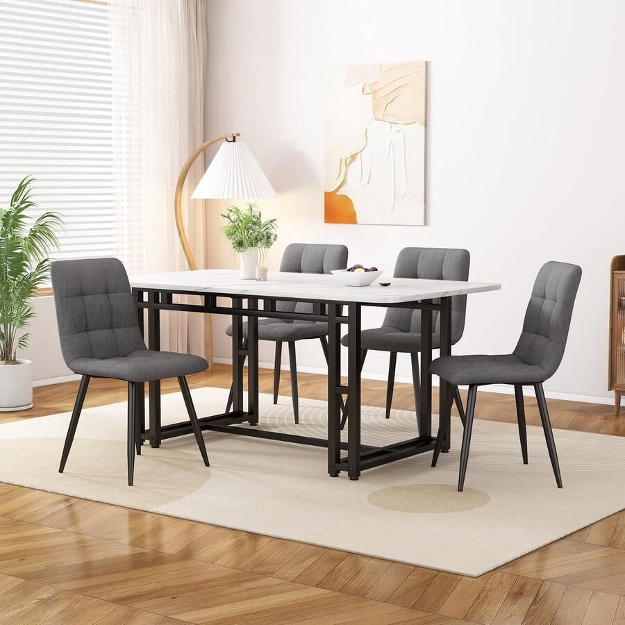 Sweiko 120x70cm zwarte eettafel met 4-stoelen set moderne keuken eettafel set donker grijs linnen eettafel zwart ijzeren been tafel