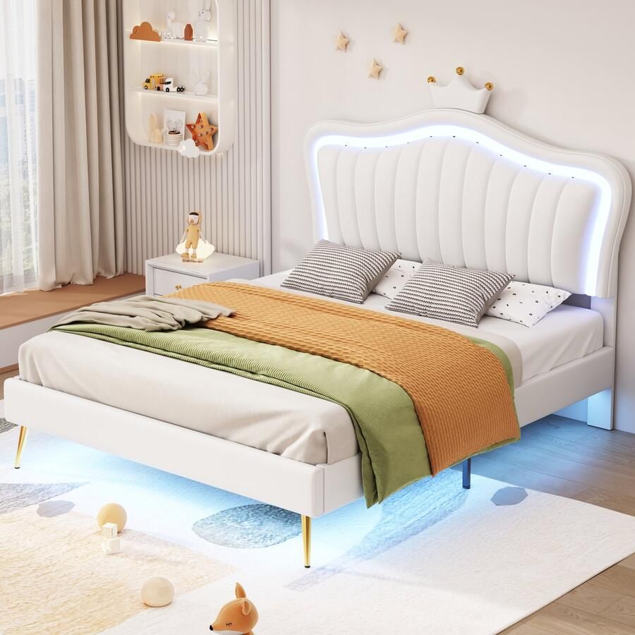YJZQ Kinderbed gestoffeerd bed 140 x 200 cm Kroonhoofdeinde Tweepersoonsbed Lattenframe PU-leer Bekleding rugleuning met LED-verlichting (matras niet inbegrepen) Jongens Meisjes Tweepersoonsbed Wit