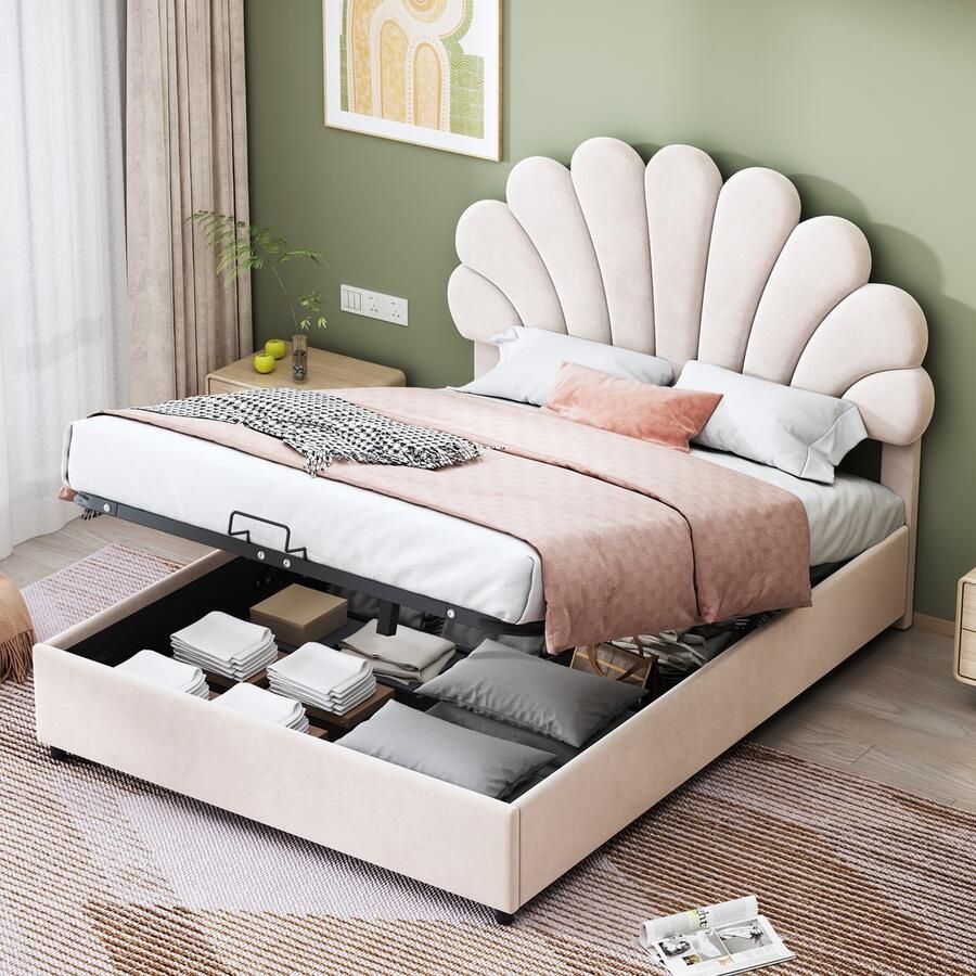 Sweiko 140 x 200 cm Gestoffeerd bed met Bloemhoofdeinde en Vlak noedelsframe met in hoogte verstelbaar hoofdeinde en hydraulische opbergruimte kindertweepersoonsbed huidvriendelijke fluwelen stof Beige(geen matras)