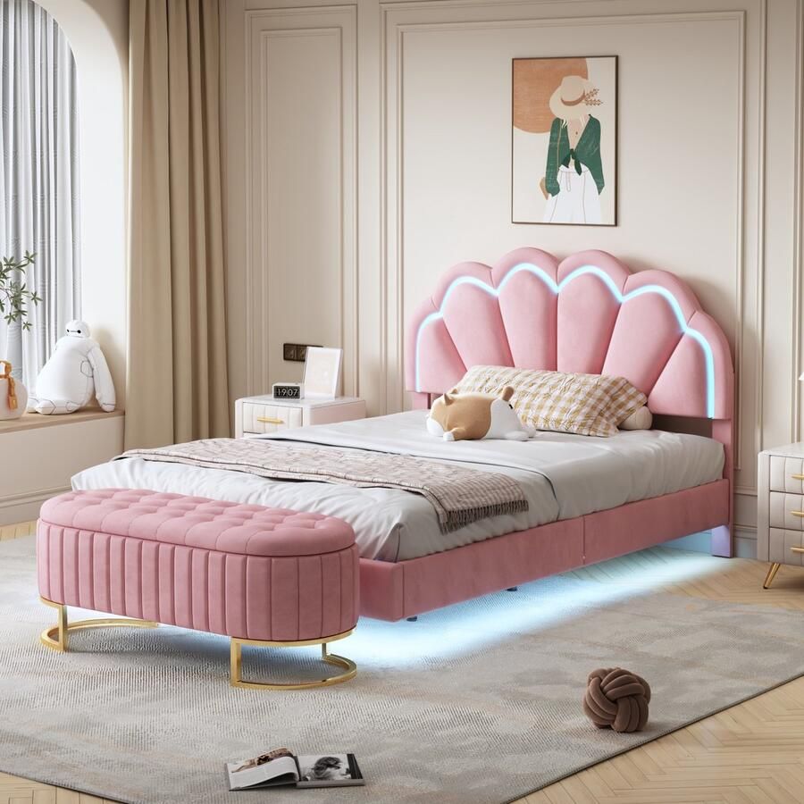 Sweiko 140 x 200 cm Gewatteerd bed met Opvouwbare Bankkruk LED verlicht gewatteerd bedframe en uniek hoofdbordontwerp dubbel plat gastenbed Fluweelroze kleur