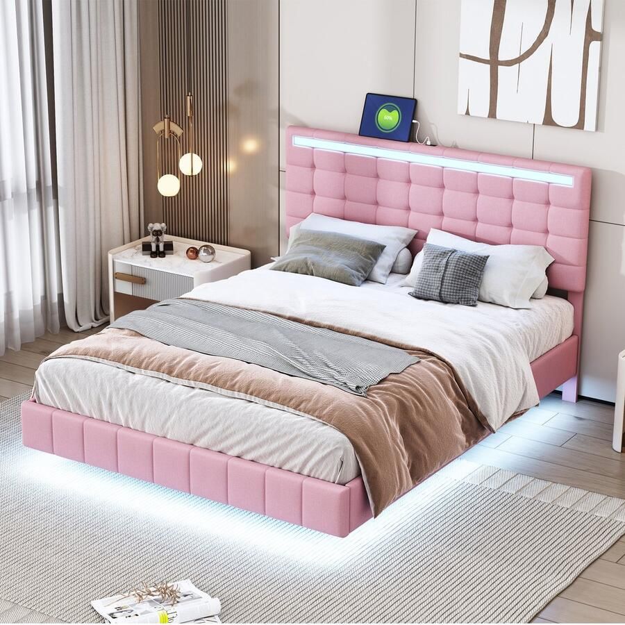 Sweiko 140 x 200 cm Kussen bed met LED Verlichting en een Zwevend bedframe ontworpen met een hoofdeinde een plat tweepersoonsbed gemaakt van Roze linnen stof (zonder matras)