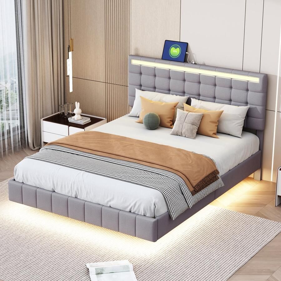 Sweiko 140 x 200 cm Kussen bed met LED Verlichting en een Zwevend bedframe ontworpen met een hoofdeinde voorzien van een plat tweepersoonsbed van Grijs linnen stof(Geen matras)