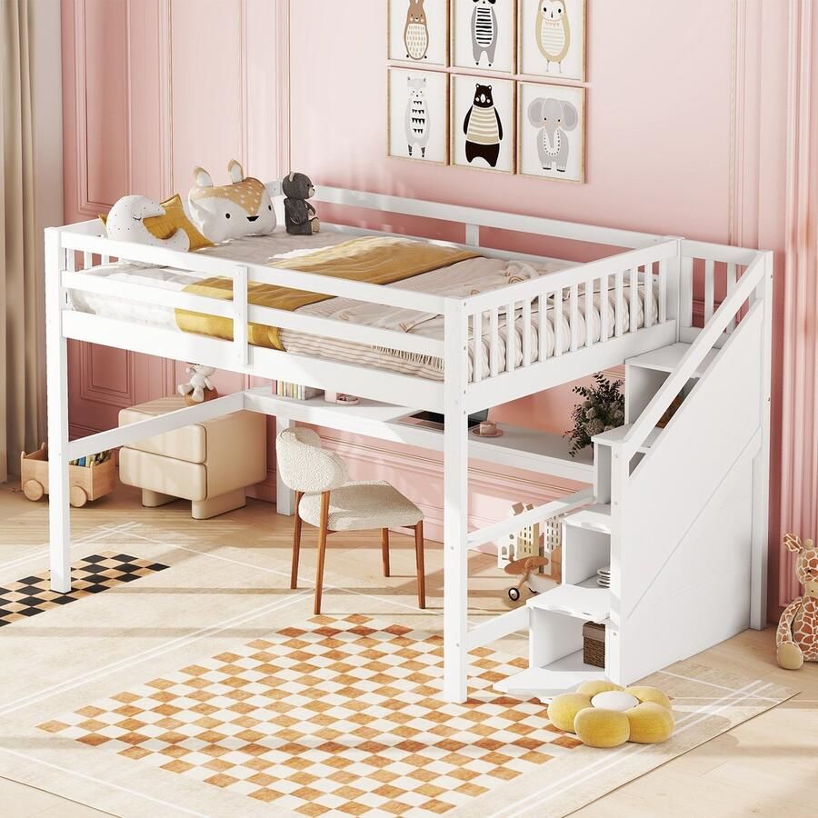 Sweiko 140 x 200 Kinderbed Hoogslaper met Opbergladen en Bureau onder het bed Wit(Geen stoelen.)