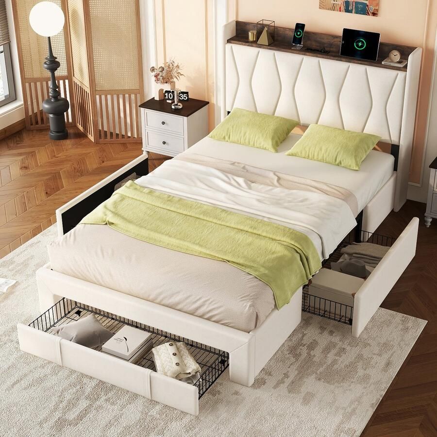 Sweiko 140 x 200cm Gestoffeerd bed Tweepersoonsbed Hoofdeinde USB Grote opbergruimte 3 lades Beige