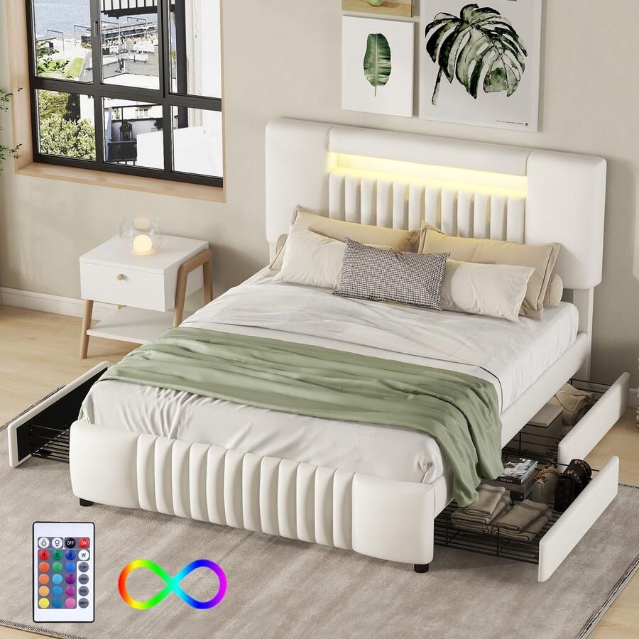 Sweiko 140 x 200cm Tweepersoonsbed Gestoffeerd bed met 4-laden en LED lichtlijst Beige
