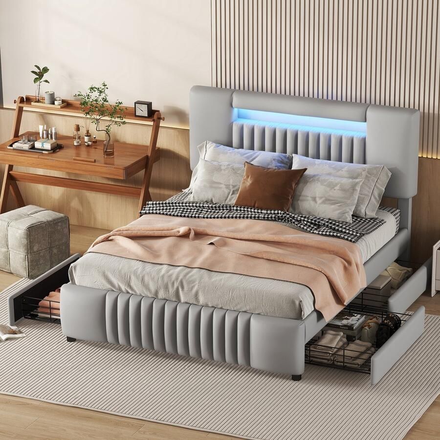 Sweiko 140 x 200cm Tweepersoonsbed Gestoffeerd bed met 4-laden en LED lichtlijst Grijs