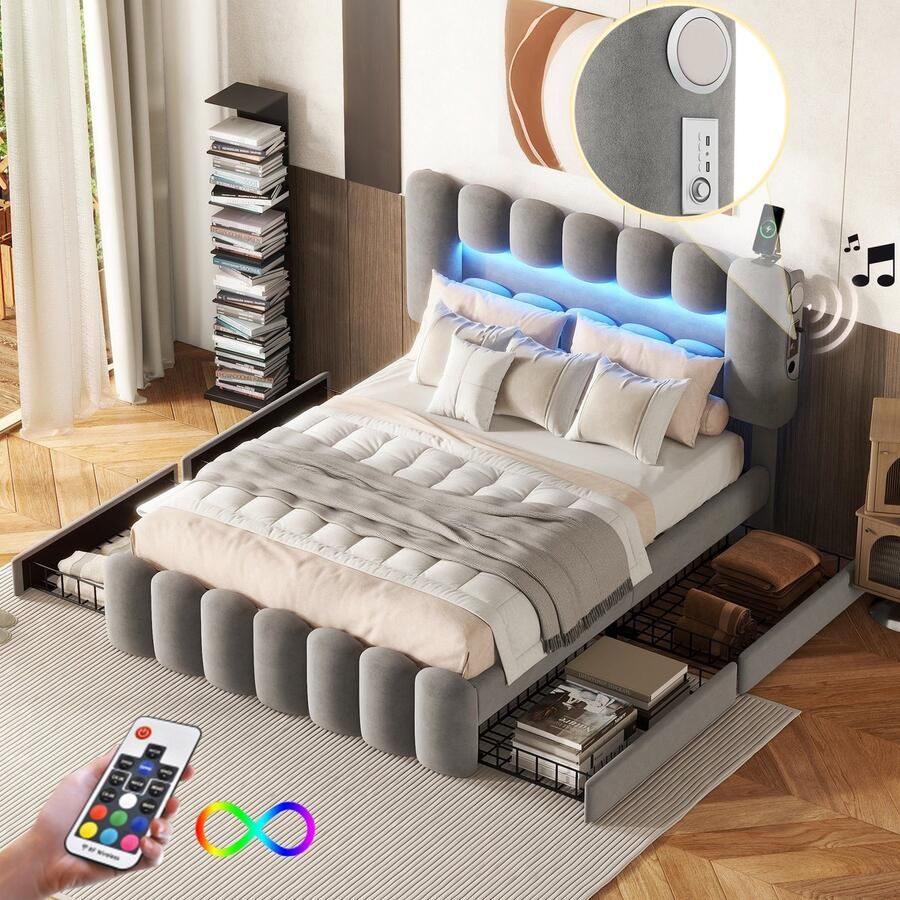 Sweiko 140 x 200cm Zacht Kussenbed 4-laden zacht Kussenbed Zacht Kussenbed met USB en stereo LED lichtstrip Grijs (geen matras)