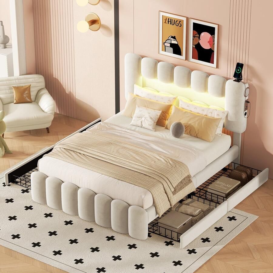 Sweiko 140 x 200cm Zacht Kussenbed 4-laden zacht Kussenbed Zacht Kussenbed met USB en stereo LED lichtstrip Beige (geen matras)