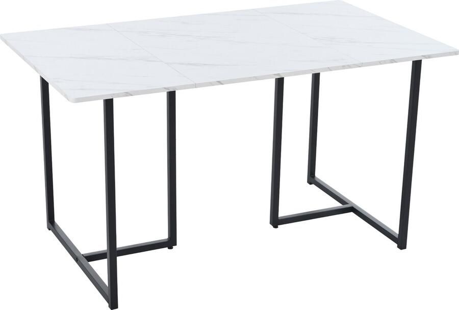 Sweiko 140 x 80 x 75cm Eettafel (1-St) Moderne Keukentafel Metalen Frame L-vormige Steun Benen Rechthoekige Eettafel in Moderne Marmeren Patroon Keukentafel met Verstelbare Voeten Wit en Zwart