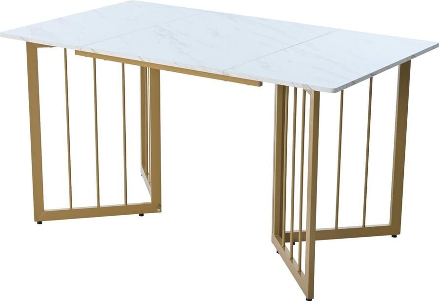Sweiko 140 x 80 x 75cm Eettafel Moderne eettafel metalen frame V-vormige poten moderne marmeren patroon rechthoekige eettafel met verstelbare voeten Wit Goud