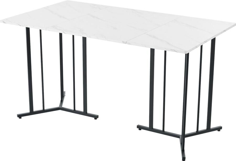Sweiko 140 x 80cm Eettafel (1-delig) Keuken eettafel Unieke metalen frame rechthoekige eettafel moderne marmeren patroon eettafel met verstelbare voeten geschikt voor eetkamer en woonkamer Wit Zwart