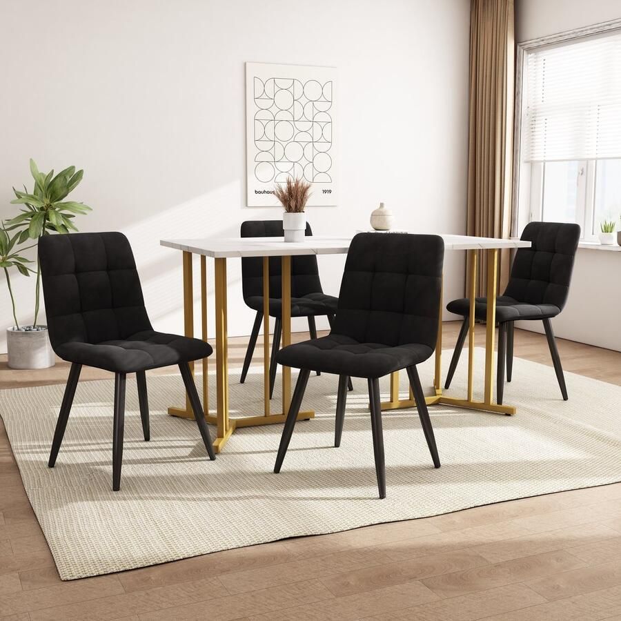 Sweiko Maaltijdset (5-delige set) 4-delige stoel eettafel set moderne keuken eettafel set 140 x 80cm goud metalen tafelpoten keuken eettafel wit MDF tafelblad splicing tafelblad zwart fluweel eettafel stoelen