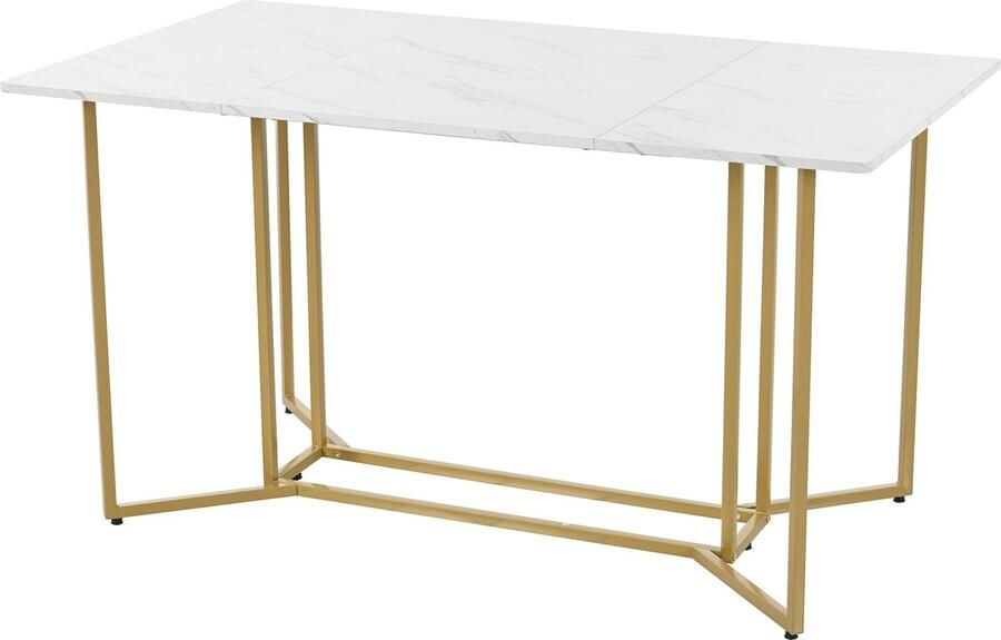 Sweiko 140 x 80cm Eettafel (1-St) Keukentafel Unieke Metalen Frame Rechthoekige Eettafel in Moderne Marmeren Patroon Keukentafel met Verstelbare Voeten voor Eetkamer Woonkamer Wit en Gouden