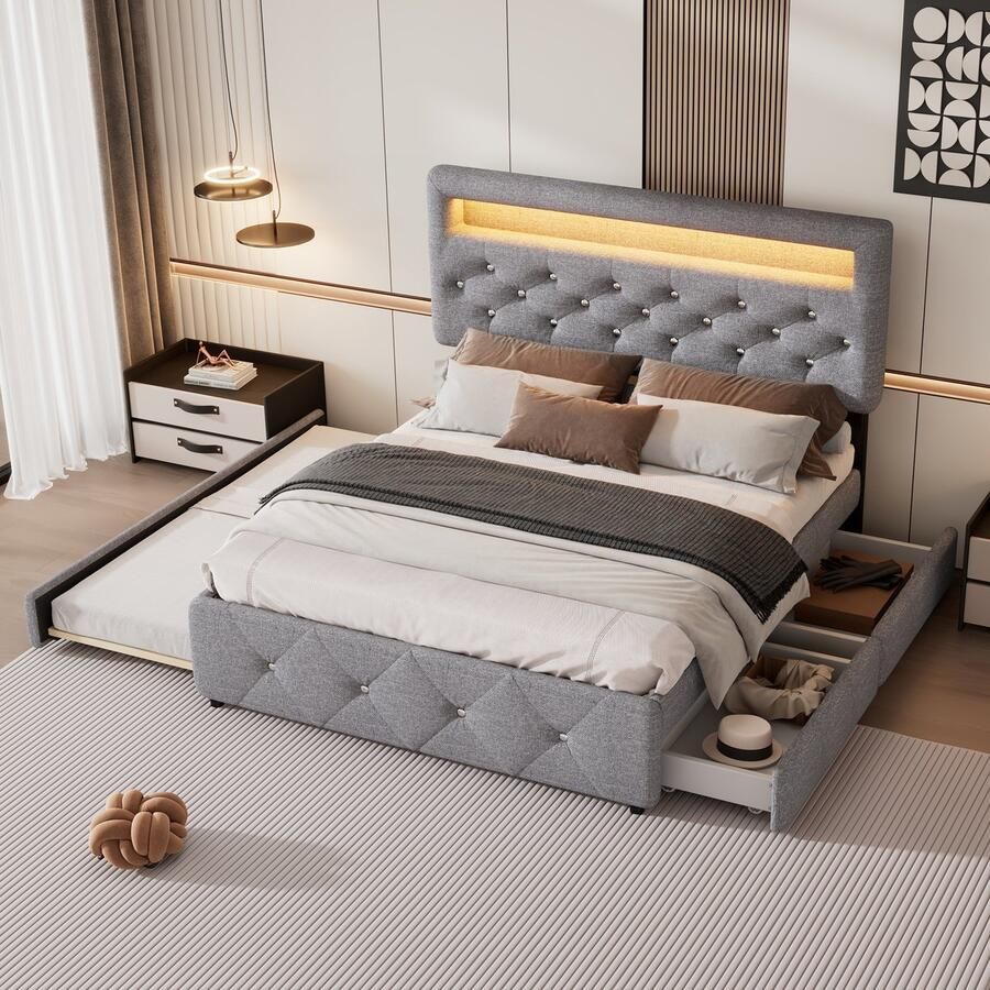 Sweiko 140*200 cm (90*190 cm) Gestoffeerd bed Tweepersoonsbed Platformbed met bedverlenging en 2 laden Hoofdbord met lichtlijst Grijs