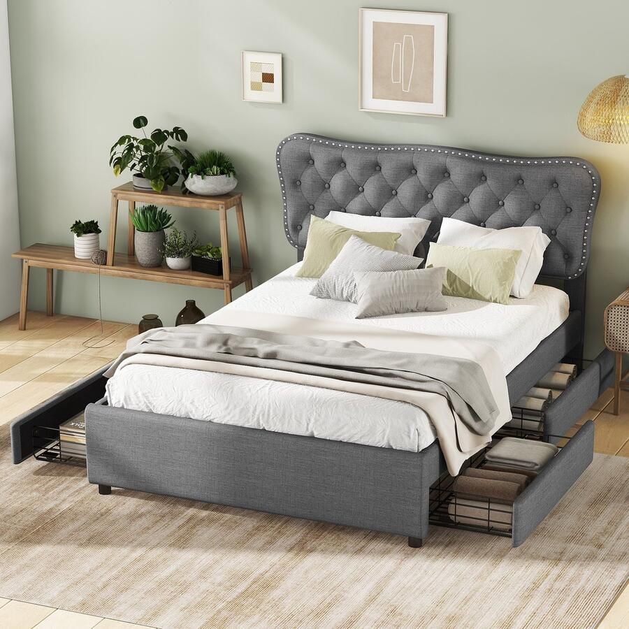 Sweiko 140*200 cm Gestoffeerd bed Tweepersoonsbed Platformbed Gestoffeerd bed met 4 Laden Linnen Grijs