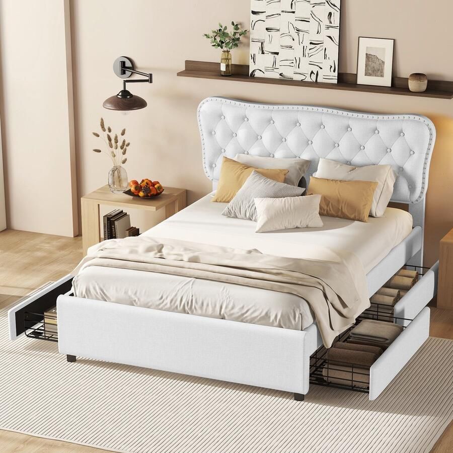 Sweiko 140*200 cm Gestoffeerd bed Tweepersoonsbed Platformbed Gestoffeerd bed met 4 Laden Linnen Wit