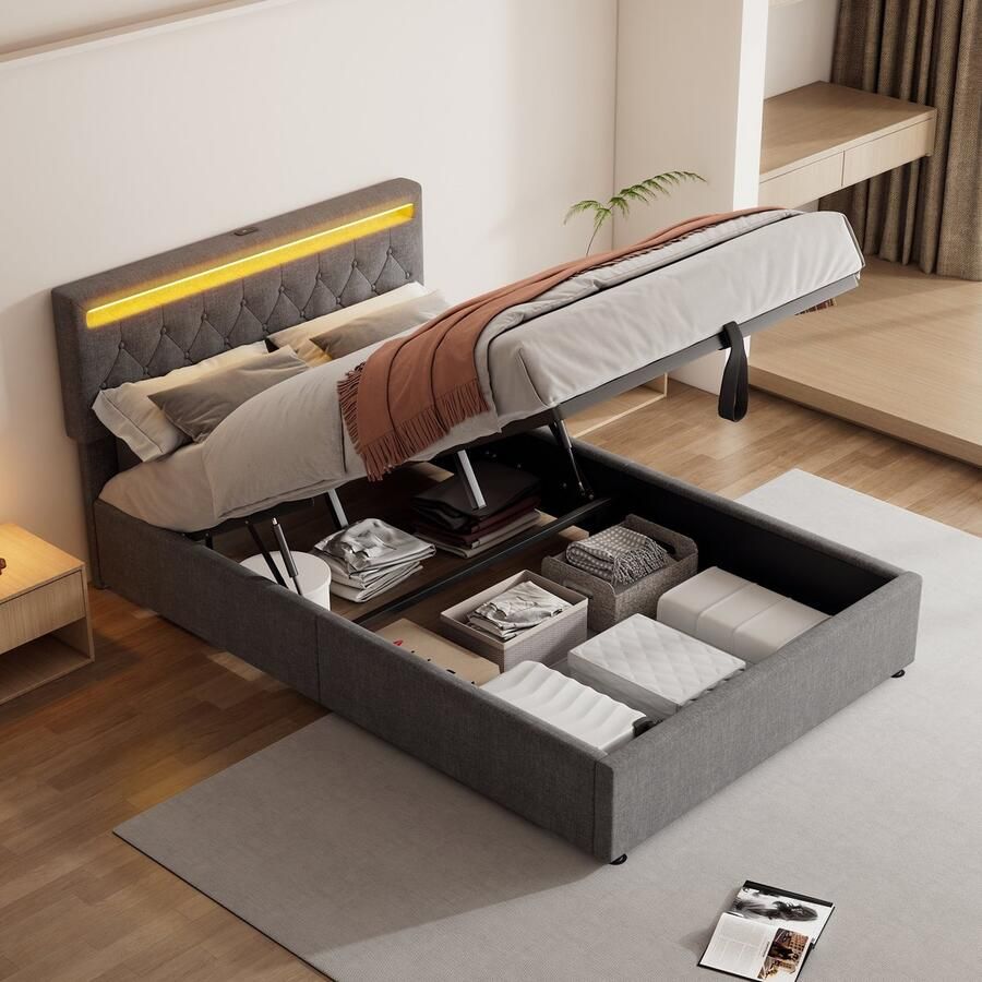 Sweiko 140*200 cm Tweepersoonsbed Plat bed Gestoffeerd bed Sfeerverlichting op het bed Afstandsbediening met 24 toetsen bed kan omhoog en omlaag USB- en C-aansluiting op het bed grote opbergruimte Grijs