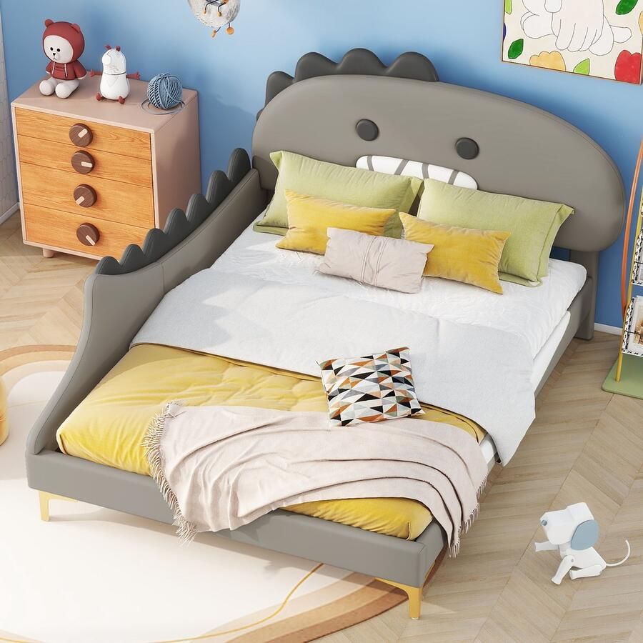 Sweiko 140*200cm Kinderbed Cartoon Dinosaurus vorm Tweepersoonsbed Plat bed PU materiaal Grijs
