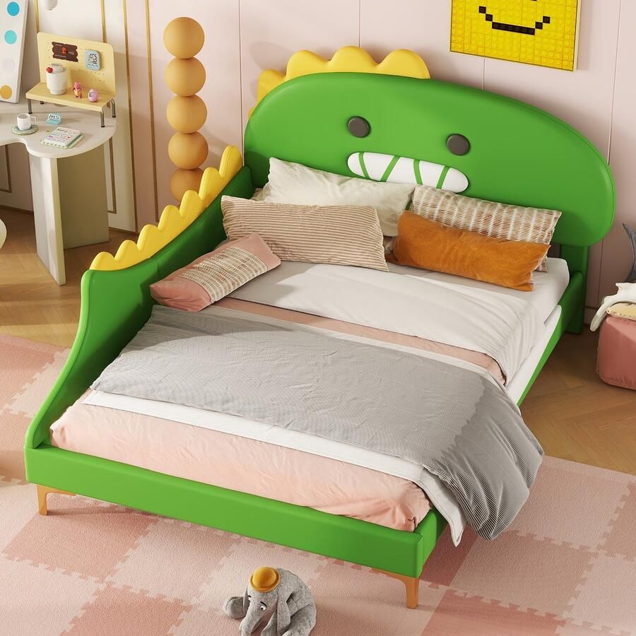Sweiko 140*200cm Kinderbed Cartoon Dinosaurus vorm Tweepersoonsbed Plat bed PU materiaal Groen