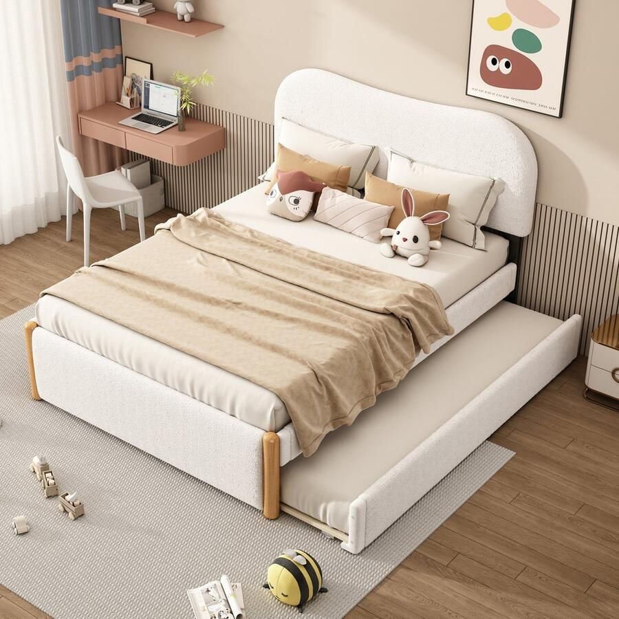 Sweiko 140*200cm Kinderbed Plat bed Gestoffeerd bed met Praktisch uitschuifbaar onderschuifbed Minimalistisch design Wit